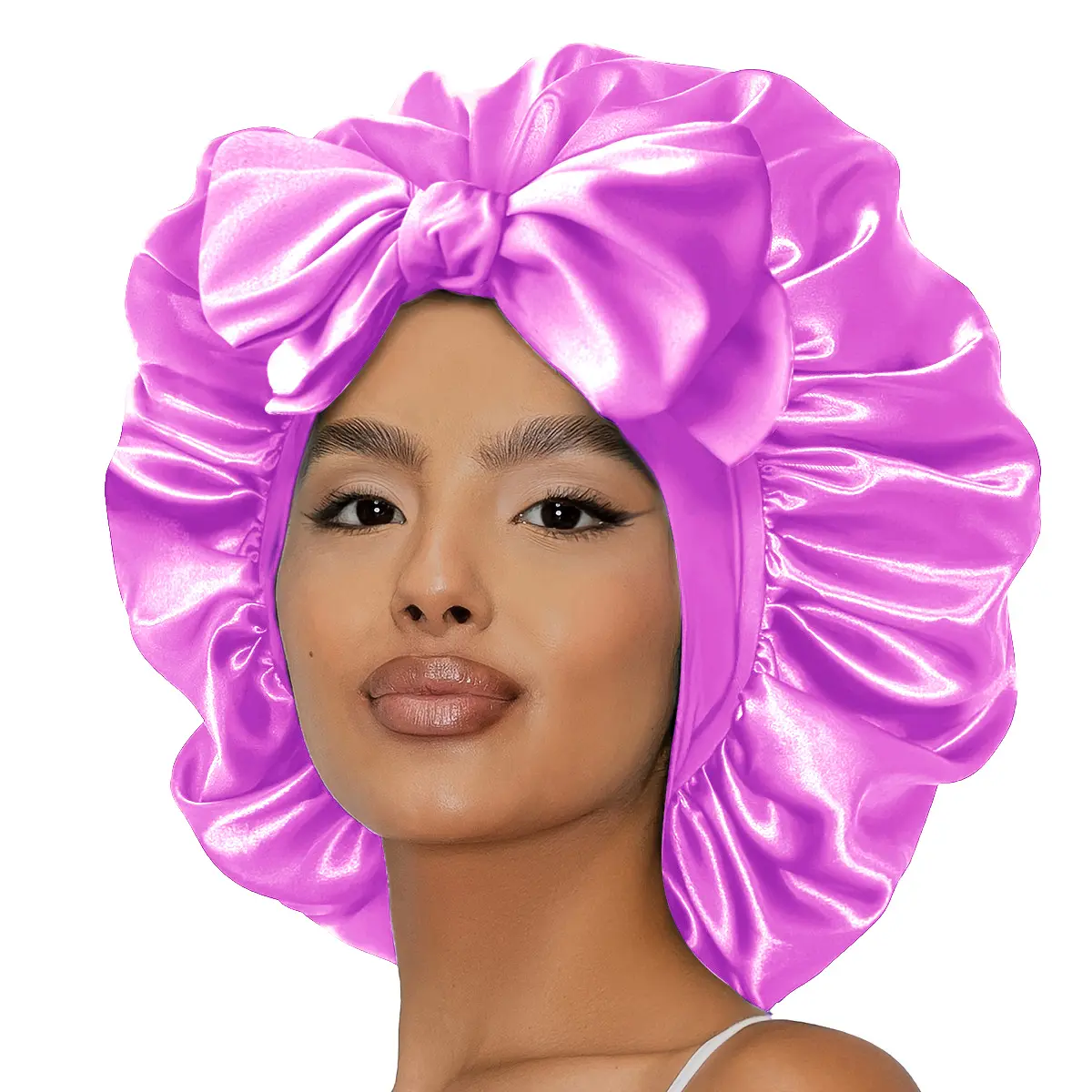 Women's Silky Satin Hair Bonnet Hats - Double Layer, Skin-Friendly Lined, Adjustable Tie Lets You Secure It, Elastic, Bow Ribbon, Haircare Nightcap for Sleeping, Free Gift Included, Soft Satin Feels Gentle On Skin