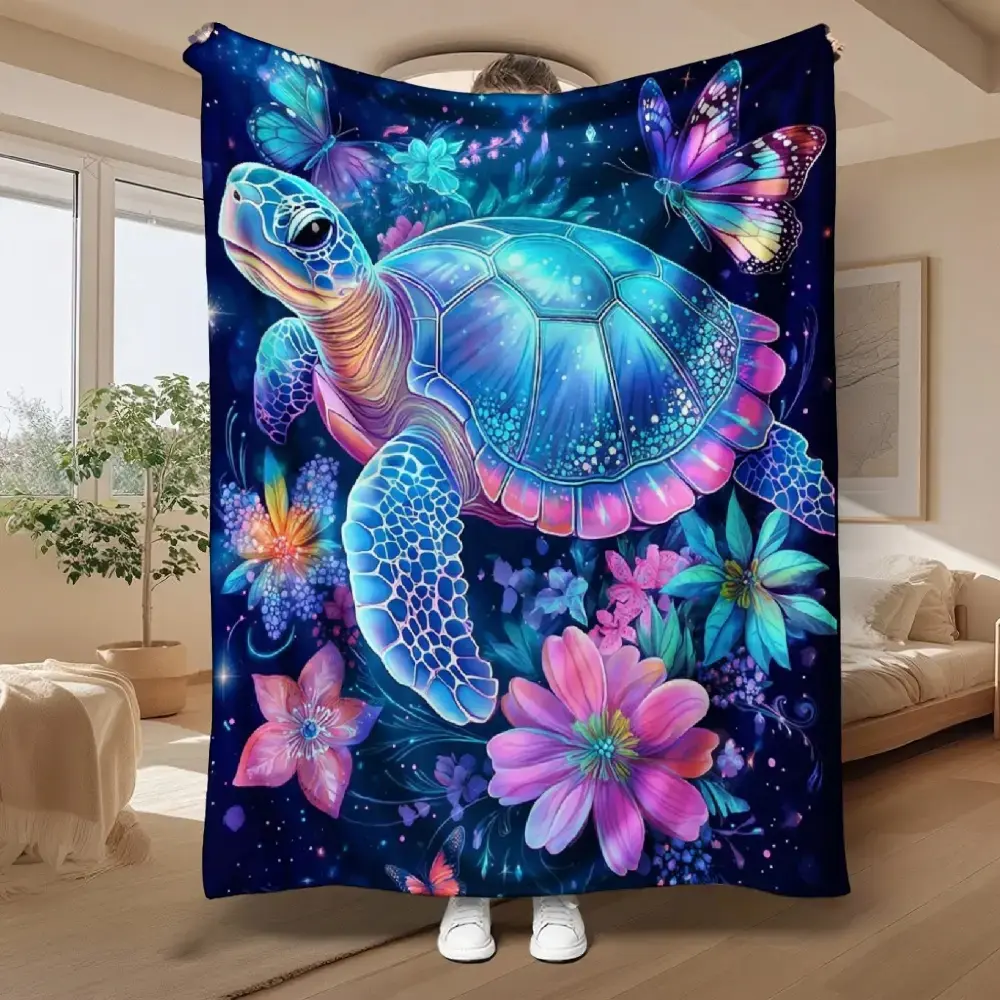 Thick flannel blanket with deep sea turtle design – customizable, soft, warm, durable, fade-resistant, cozy aesthetic fluffy blanket – ideal Christmas gift for living room, camping use, thick blanket