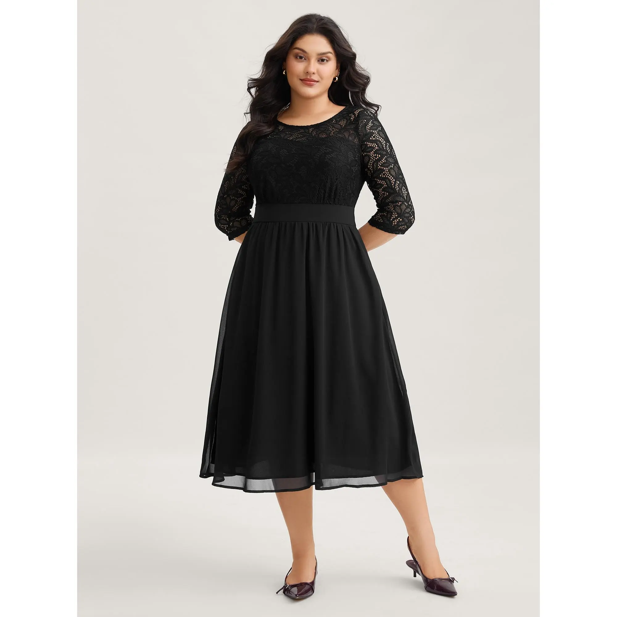 BloomChic Women's Plus Size Formal Maxi Dress - Curvy Women's 3/4 Lace Cut-Out Sleeve Dress with Pockets, Comfy Stretch Polyester Spandex Fabric, Breathable Solid Casual Formal Wear, Plus Size Dresses