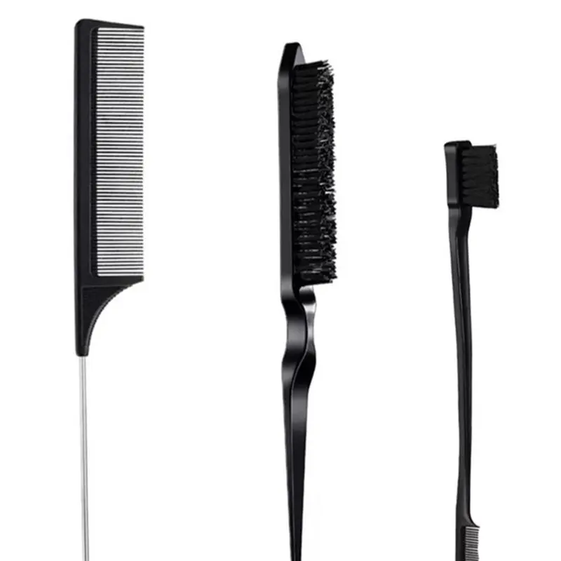 3-Piece Hair Styling Comb Set with Teasing Brush, Rat Tail Comb, and Double-Sided Edge and Back Brush for Women