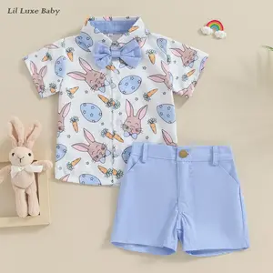 Cute and stylish Easter outfit for toddler boys - short-sleeved button-down shirt with bunny and egg print, bow tie + shorts, casual summer outfit for holiday parties (0.5-4T)