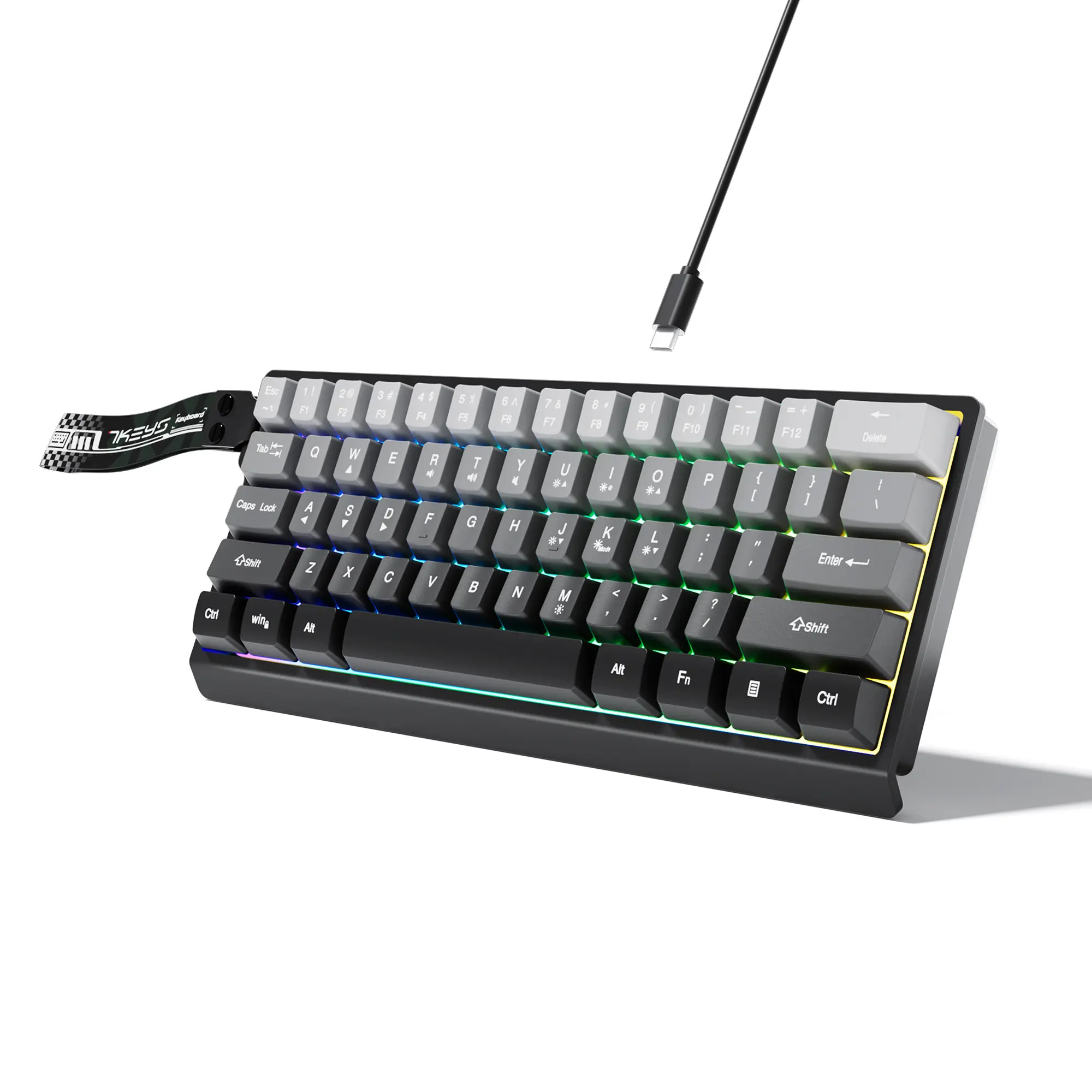 7KEYS Wired Minimalist 60% Gaming Keyboard - 61-Key Compact Portable RGB Backlit with Lanyard, 25-Key Anti-Ghosting, for Gamer Stuff, Video Game, Work from Home, Custom Keyboard Setup, Compatible with PC, Mac, Laptop (Gradient Gray) Gaming Accessory