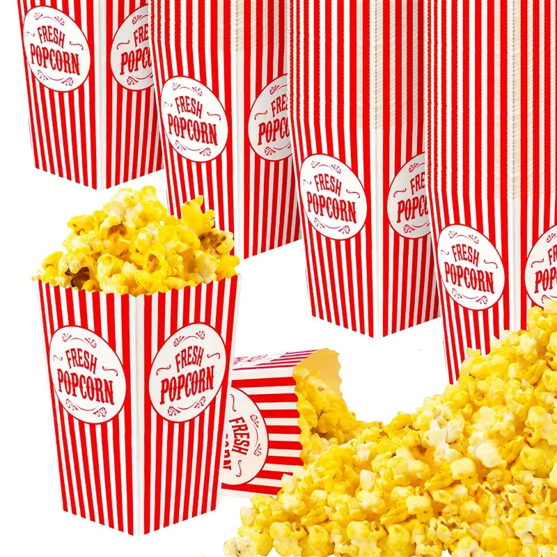 [50 Pack] Movie Theater Popcorn Boxes Disposable Red & White Striped - 30 oz Capacity - Vintage Snack Box Concession and Carnival Party Supplies, Individual Popcorn Bucket Containers