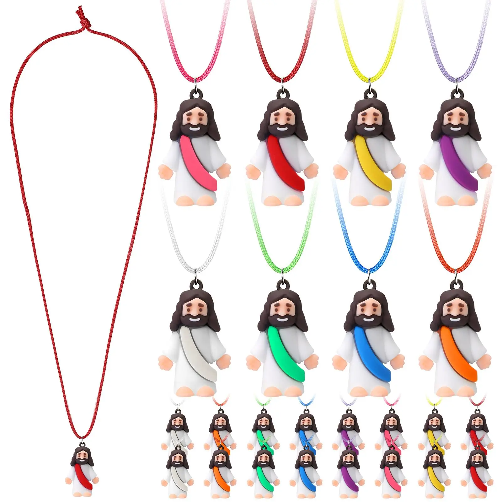 Back to School Gift 24Pcs Little Jesus Figures Necklaces Mini Jesus Figures Pendant for Boys Girls Students Brithday Classroom Prizes Cute Jesus Necklaces for Sunday School Baptism Gifts Religious Party Favors