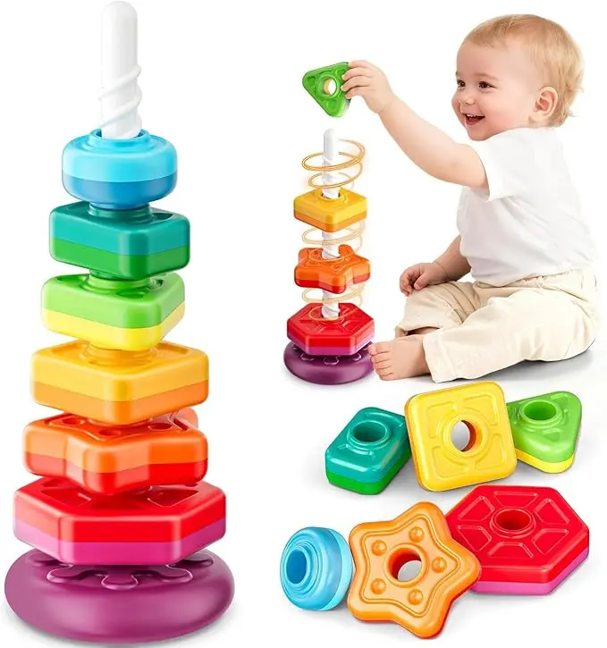 Baby Spinning Stacking Toy for Toddlers 1-3, Rainbow Ring Stacker with Rattle Beads & Numbers 1-6, Sensory Montessori Learning Toy for Fine Motor Skills, 1st Birthday Gift for Boys and Girls