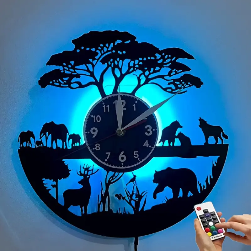 Unique LED Vinyl Record Wall Clock with 7 Color Changing African Animal Art, Home Wall Decor for Birthdays Christmas Mother's Day Father's Day, Battery Not Included, Led Wall Clocks