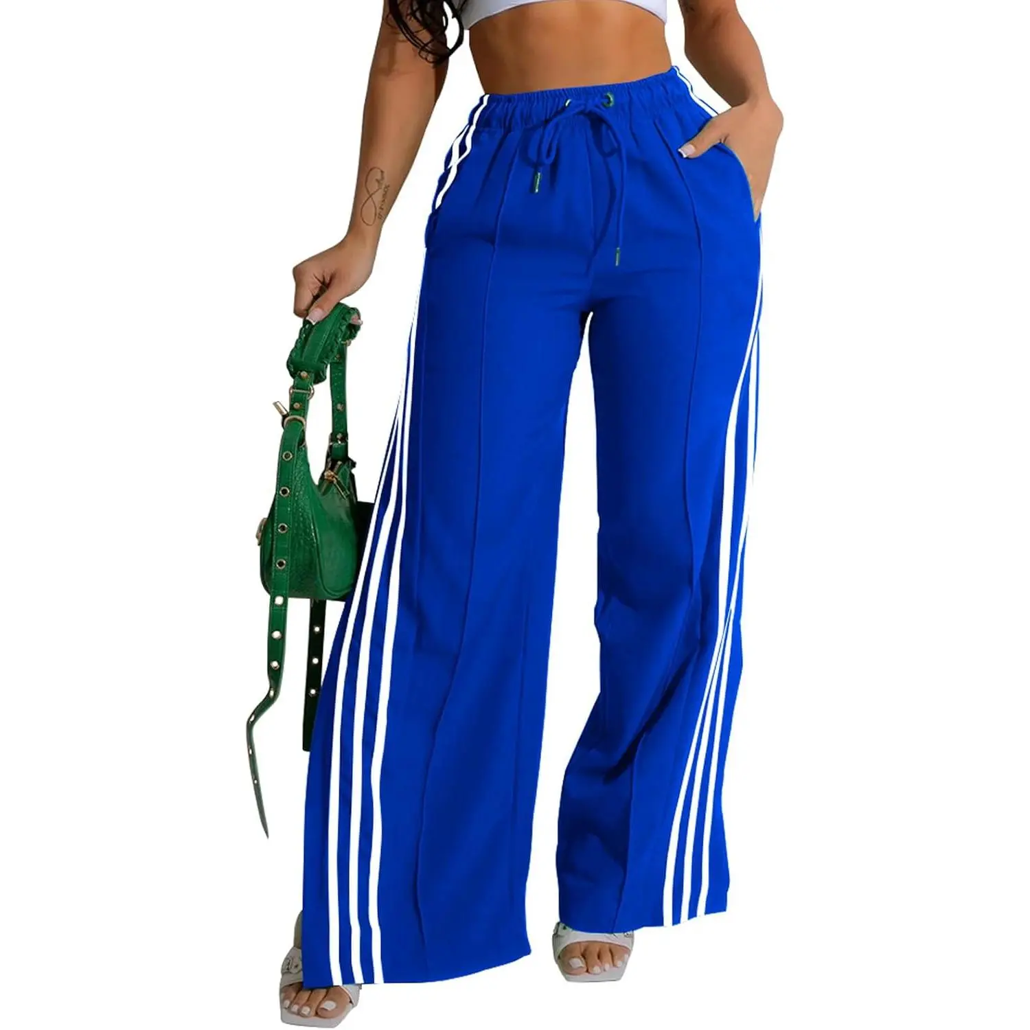 Women's High-Waisted Wide Leg Striped Sporty Chic Trousers - Stretchy Polyester-Elastane Blend Clothes with Drawstring, Side Slits, Elastic Waist for Everyday Wear