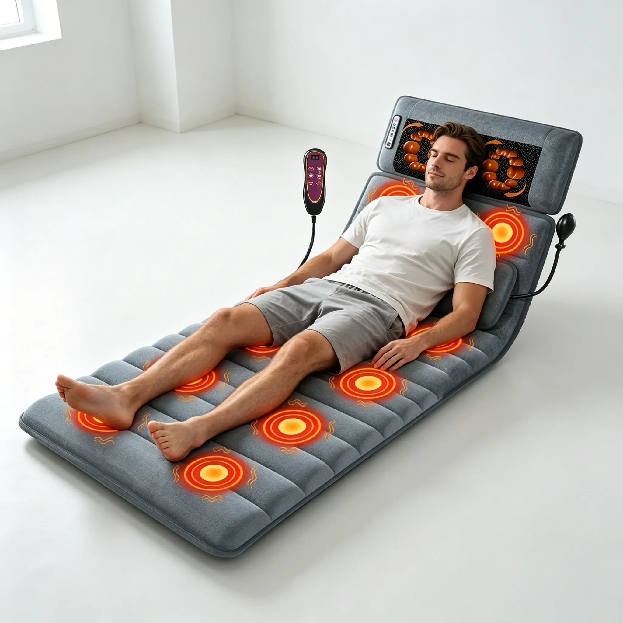 Wow! Full Body Massage Mattress - 4-Zone (Head/Back/Leg/Foot) Kneading, Heat & Auto Rotation, Fits Most Beds Relaxation