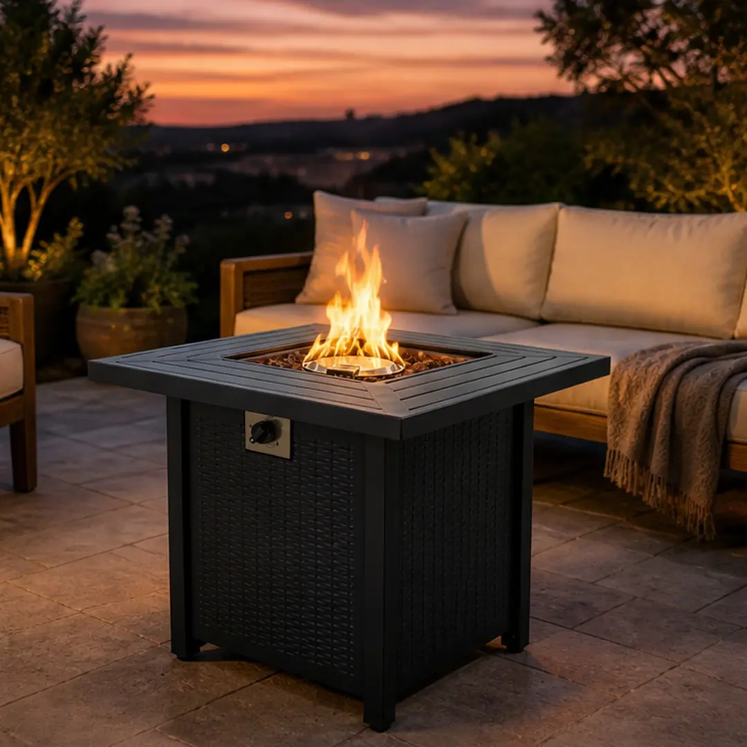 28-Inch Square Propane Fire Pit Table Outdoor Patio Heater Black Iron 50,000 BTU Adjustable Flame Dining Coffee Table with Waterproof Cover for Backyard Garden Deck Porch, Black Color Options, Iron Material, Product Weight: 33.00 lb