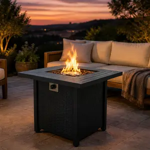 28-Inch Square Propane Fire Pit Table Outdoor Patio Heater Black Iron 50,000 BTU Adjustable Flame Dining Coffee Table with Waterproof Cover for Backyard Garden Deck Porch, Black Color Options, Iron Material, Product Weight: 33.00 lb