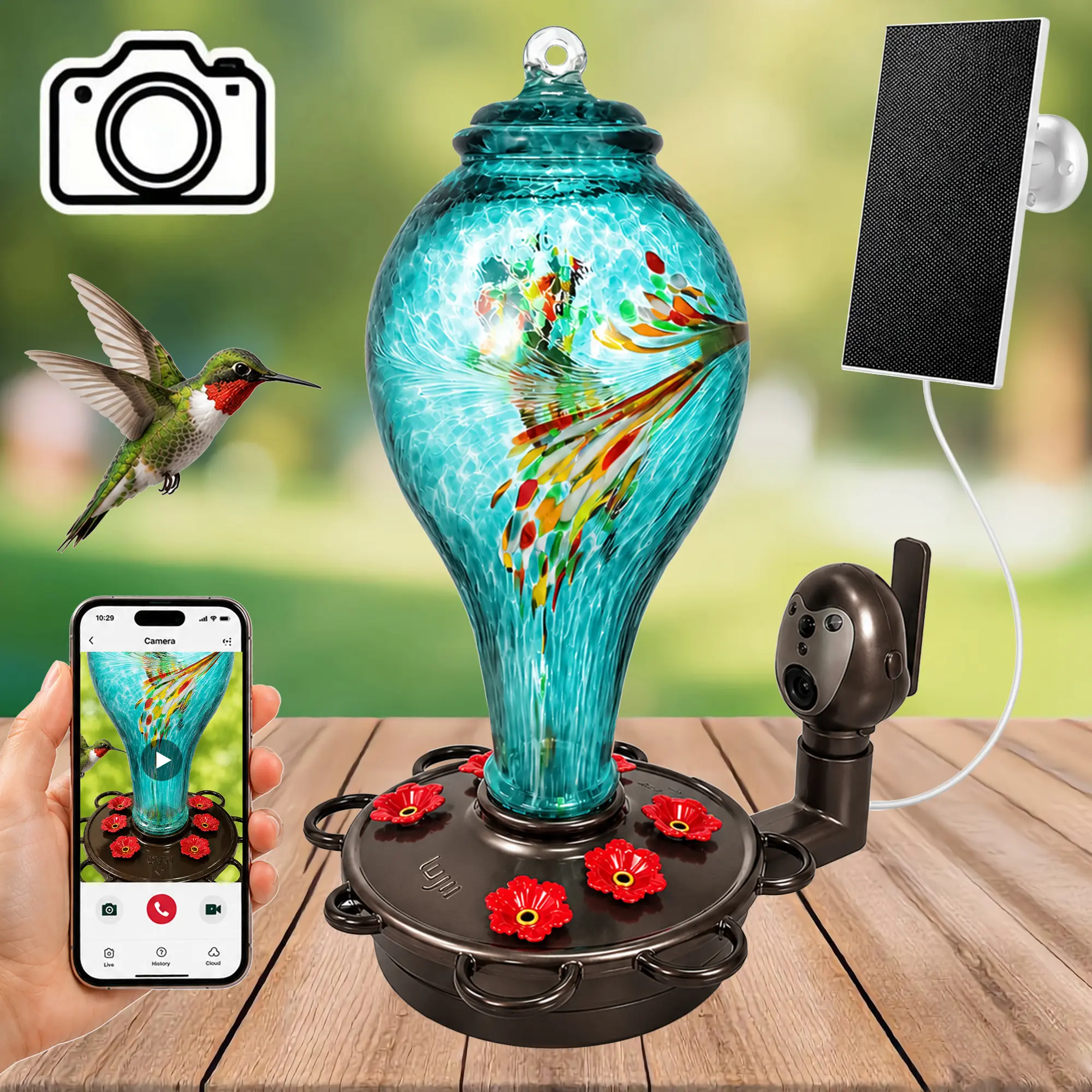 Smart Camera Hummingbird Feeder with Solar – 1080P HD Live View, Motion Alerts & Auto Recording, Hand-Blown Glass, Built-in Ant Moat, App Monitoring – Perfect Gift for Bird Lovers