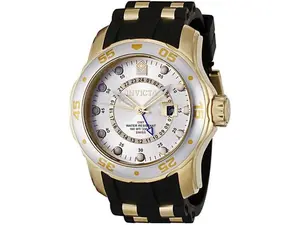 Invicta 6995 Men's Gold-Coated Gold-Tone Stainless Steel Pro Diver GMT World Timer Multifunctional Analog Quartz Watch - Luminous Glow-in-the-Dark White Dial, Black Rubber Strap, Waterproof Wristwatch, Glow-In-The-Dark Quartz Watches, Gold-Coated Quartz W