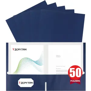 VZCPYTPM 50-Pack Navy Blue 2-Pocket Letter Size (8.5x11 in) File Folders with Business Card Slot, Professional Design for Office Organization