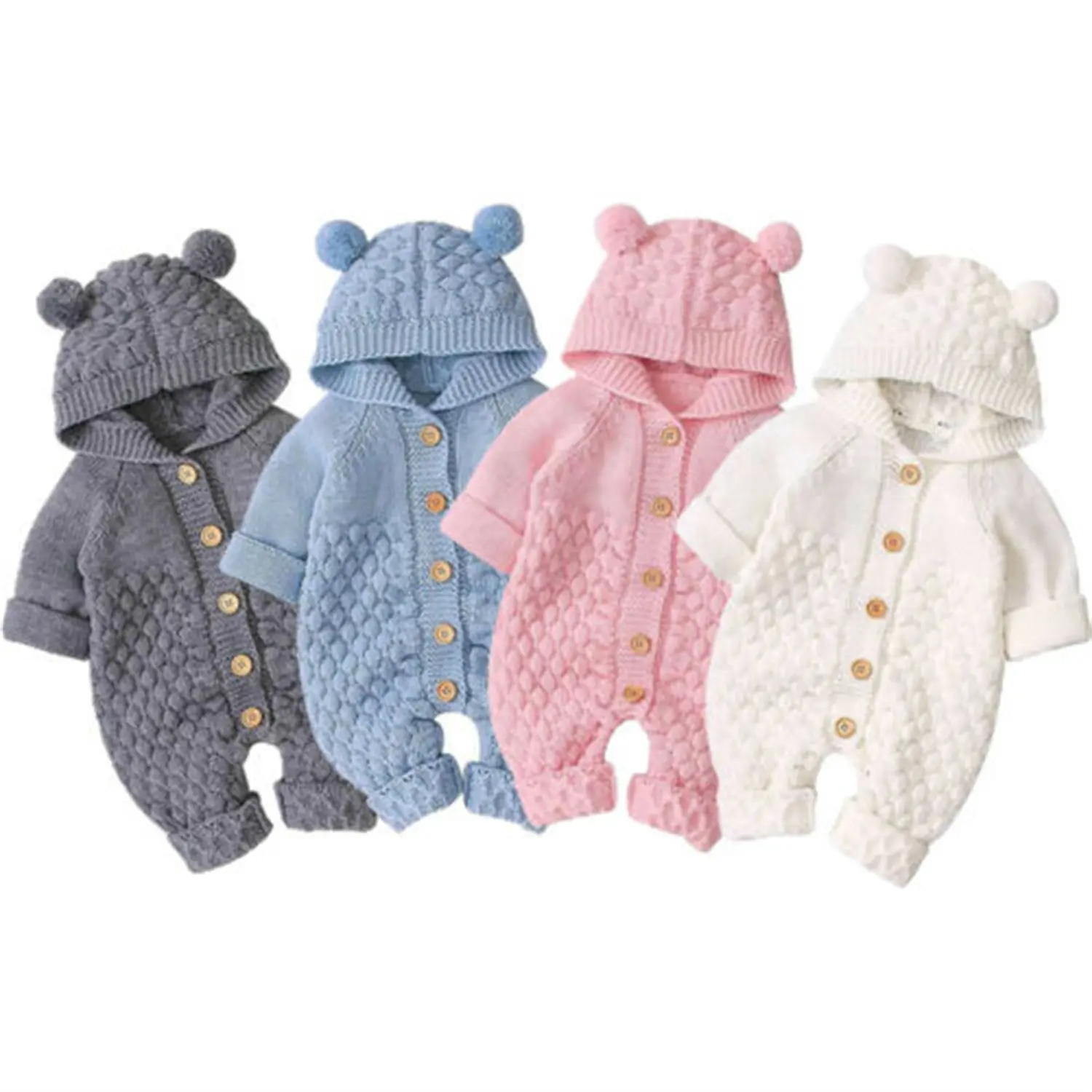 Baby Girl Boy Sweater Romper Winter Knitted Hoodie Overall Jumpsuit Long Sleeve Button Cute Warm Clothes