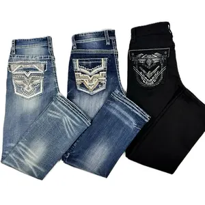 Western Slim Straight Jeans with Embroidery Design
