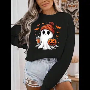 Women's Ghost & Pumpkin Print Drop Shoulder Sweatshirt, Casual Halloween Themed?Long Sleeve Round Neck Pullover for Daily Wear, Ladies Spring & Fall Clothes Womenswear Hoodie