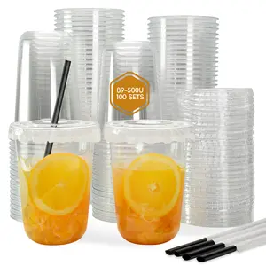 100 Pack 16oz 500ml U Shaped Leak Proof Pet Plastic  cups with Lids & Straws for Ice Drinks Juice Disposable Cups Customizable Logo Print clear plastic