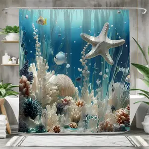 Blue marine life shower curtain set, waterproof shower curtain with 12 hooks, non-slip bathroom carpet, toilet U-shaped cushion, toilet seat cover cushion, bathroom decoration, bathroom shower curtain set, perfect mobile gift