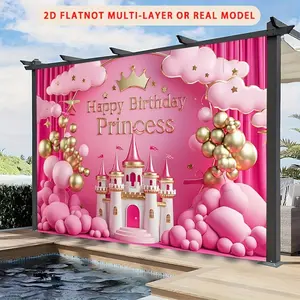 1PC,2D Flat Pink Princess Castle Theme Birthday Backdrop,Children's Party Decoration Background Wall, Stereo Balloon Cloud Design,Photo Background Curtain for Baby's First Birthday Party Decoration