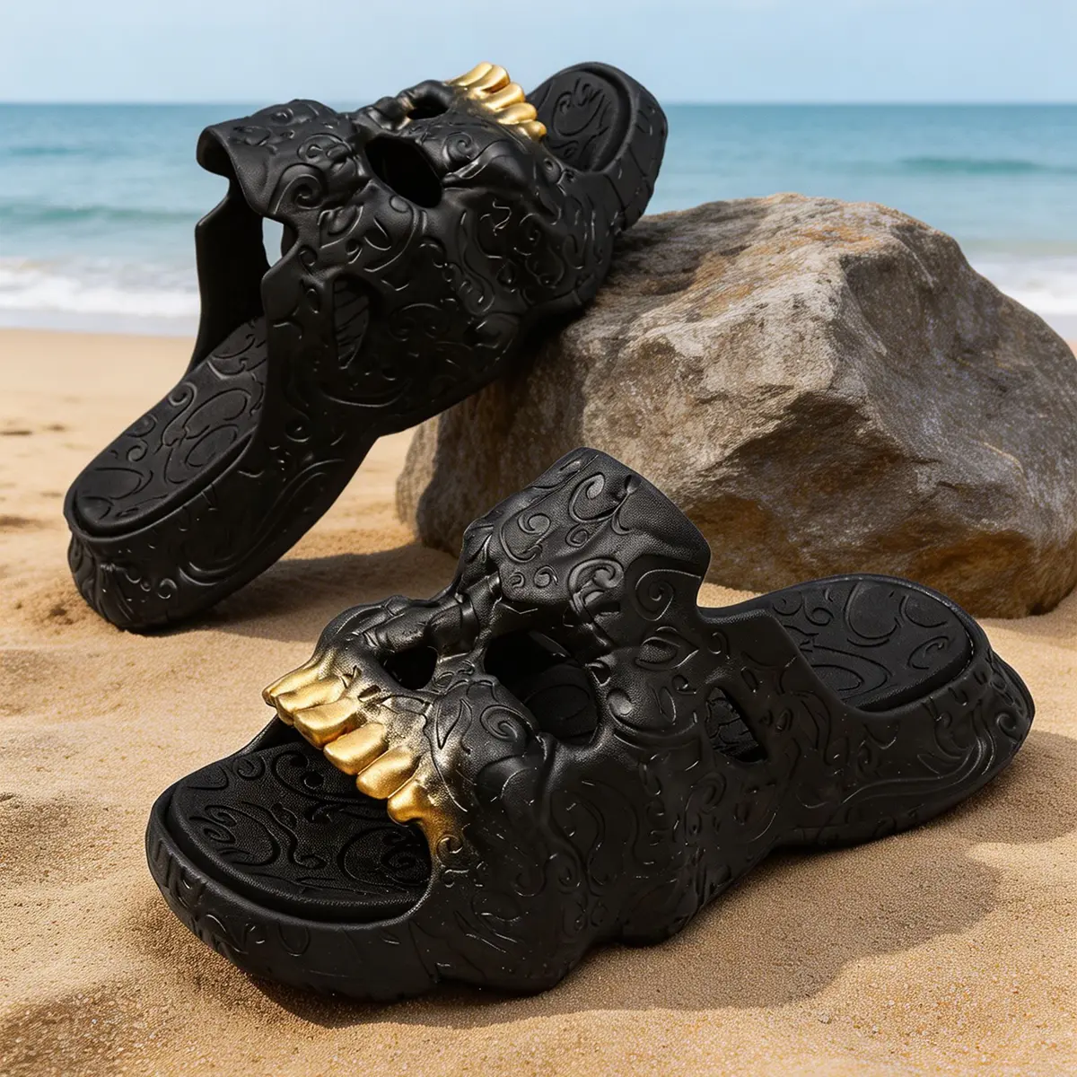 Men's Skull-Shaped Slides, Chic Streetwear EVA Slip On Footwear with Carved Texture for Casual Beach Walking, Walking Shoes, Ankle, Geometric, Flexible, Waterproof, Eva Upper, Open Toe, Skull Art Detail, Breathable, Outdoor Wear