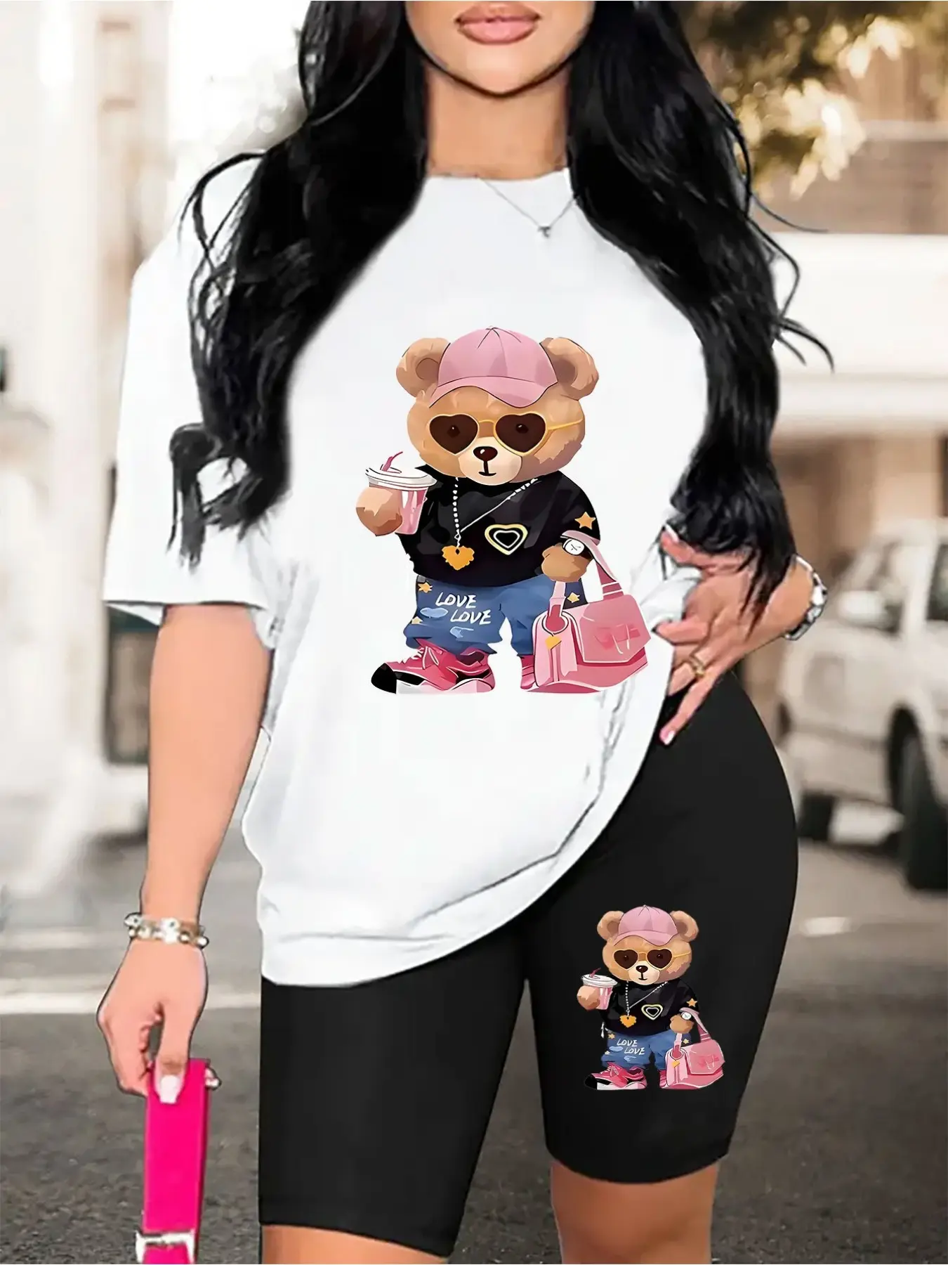 Fashion cartoon bear print round neck crewneck T-shirt and slim fit shorts women's two-piece set, summer casual fashion outfit, perfect shape, exquisite gift, Womenswear