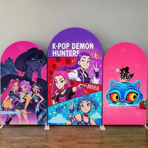 15-day 2D Flat Delivery Pink Purple Cute Anime Character Arch Backdrop Cover Set for Kids Birthday