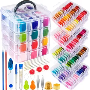 262 Pack Embroidery Thread Floss Kit Including 200 Colors 8 M/Pcs Cross Stitch Sewing Thread with Floss Bins and 62 count Cross Stitch Tool,4-Tier Transparent Storage Box
