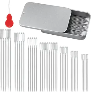 80/40 PCS Large Eye Sewing Needles, 7 Sizes Sewing Sharp Needles, Leather Needle Embroidery Thread Needle, Stainless Steel Yarn Knitting Needles with Threaders for Handsewing Art Crafts