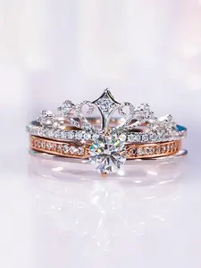 Princess Fireworks Castle Ring, Sparkling Diamond Crown Design, Stackable Double Layer Adjustable Rose, Elegant Wedding/engagement Ring