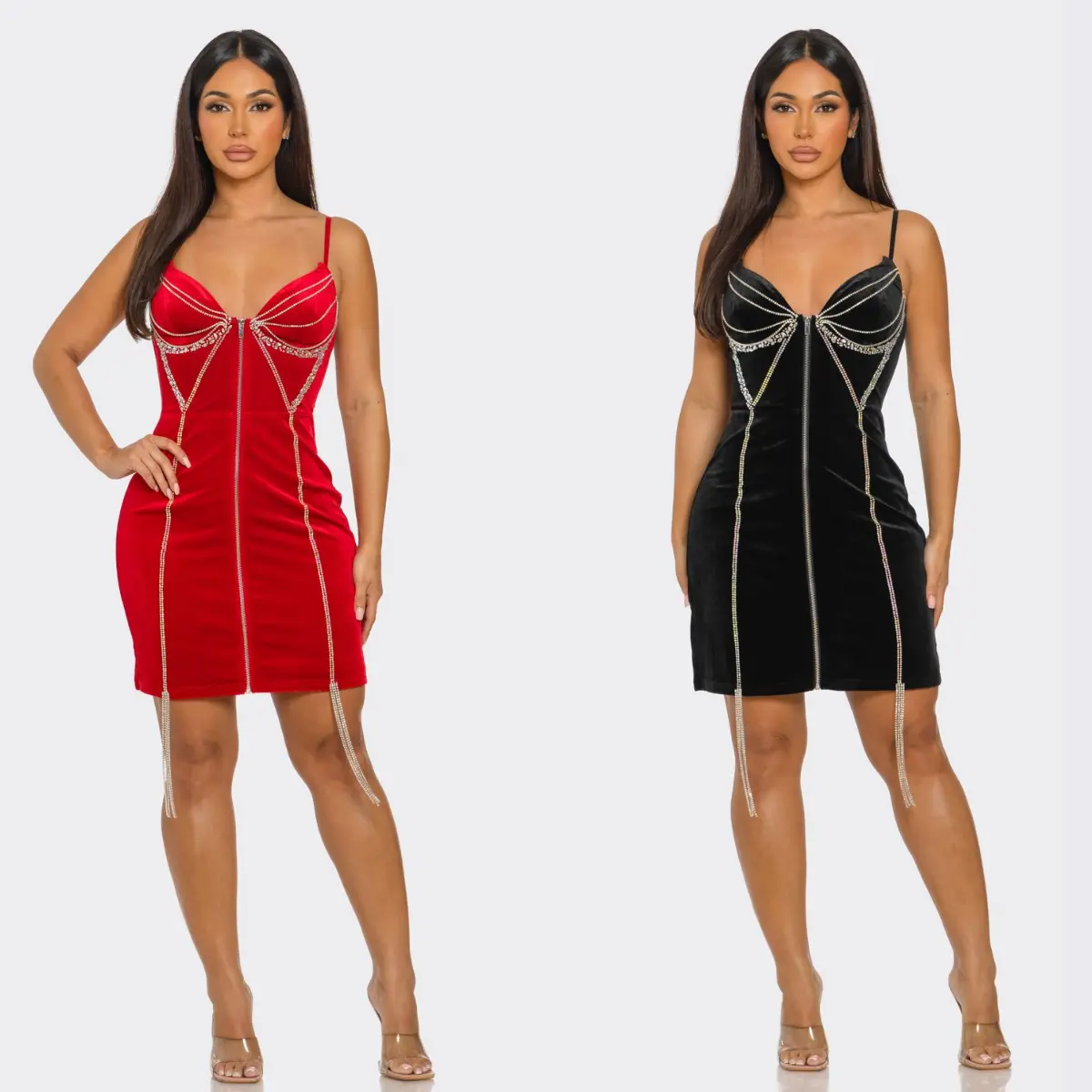 Velvet Rhinestone Bodycon Mini Dress - Red & Black Sparkle Party Dress with Plain Design and Sparkly Accents Formal Womenswear