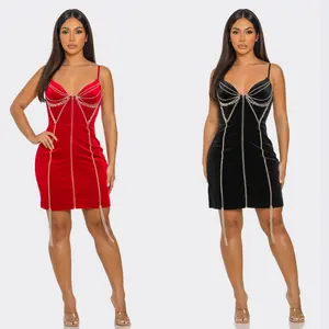 Velvet Rhinestone Bodycon Mini Dress - Red & Black Sparkle Party Dress with Plain Design and Sparkly Accents
