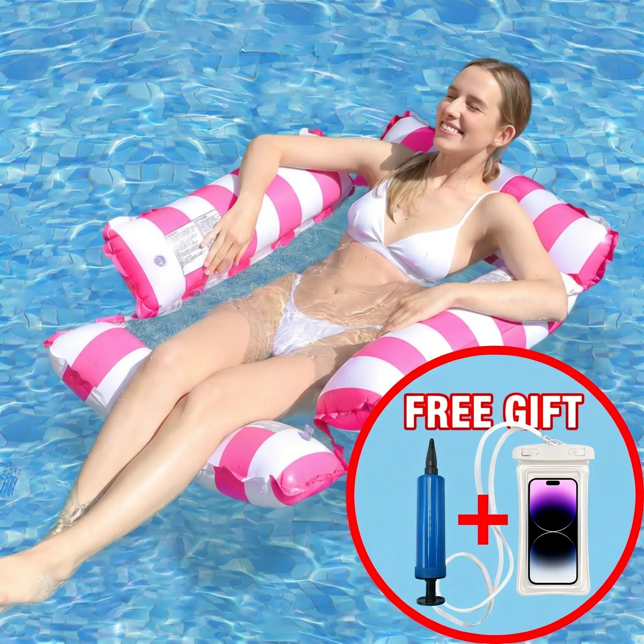 4-in-1 Design Water Hammock Float for Adults, PVC Mesh Inflatable Pool Lounge Chair with Pump Included, Airtight Floating Water Hammock Airbeds & Inflatables, Free Phone Case, Portable Unisex for Pool, Beach