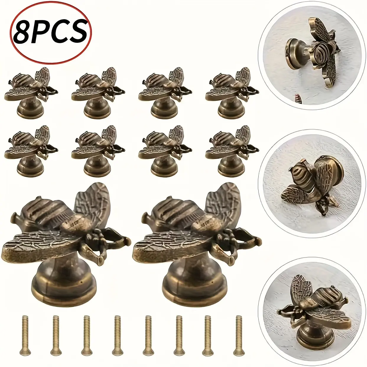 Retro Bee Cabinet Pulls 8-Pack, Cast Metal Build, Cast Metal Handles for Dresser Armoire Desk Makeover, Antique Brass Knobs for Vintage Furniture Restoration, Hardware for Woodworking Crafters, US Rustic Home Accent, Bohemian Style