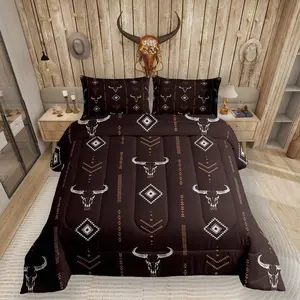 Feelyou Western Bull Skull Queen Bed Set - Animal-Inspired Bedding with Geometric Shapes, Tribal Aztec Arrows, Brown Room Decor for Adults (Queen Size, Bedroom Decor Ideas Included)