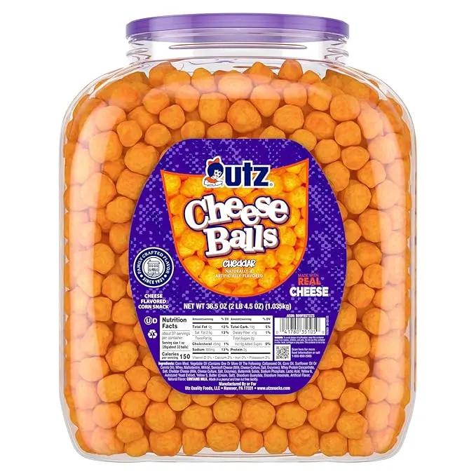 Utz Cheese Balls Barrel, Tasty Snack Baked with Real Cheddar Cheese, Delightfully Poppable Party Snack, Gluten, Cholesterol and Trans-Fat Free, Kosher Certified, 36.5 Oz