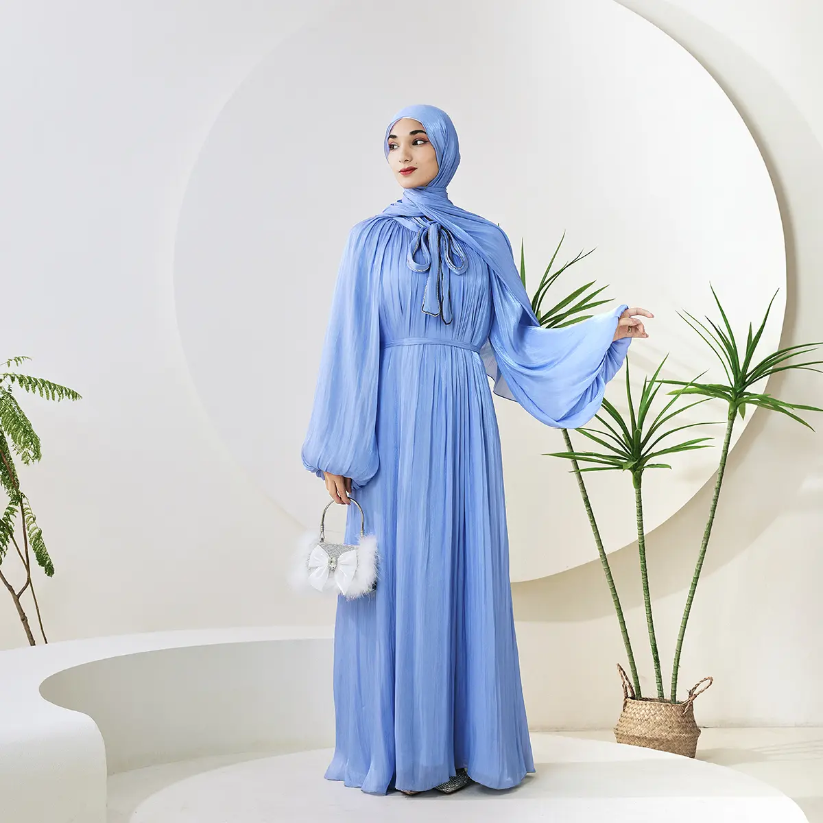 Women's Muslim Modesty Abaya Set - Premium Satin Luxury Abaya Fashion, Modest Dress with Matching Belt & Hijab (NCS002)