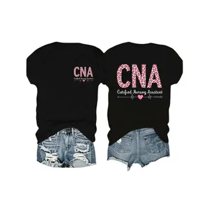 CNA Certified Nursing Assistant Double Print Cotton Tee, Pink Leopard Heartbeat Casual Women Healthcare Worker Top,funny graphic tee,summer graphic tees,tee