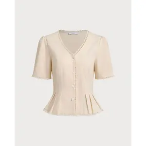 Rihoas Women's Chic Polyester Beige V-Neck Pleated Button Lace Blouse - Slim, Hip-Fit Elegant Top, Women's Casual & Formal Wear