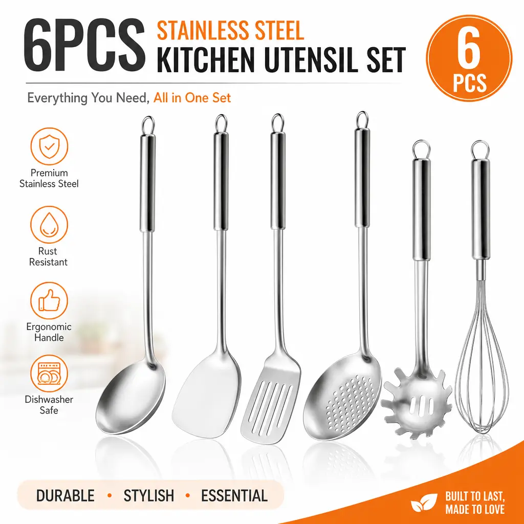 6pcs Metal Stainless Steel Cooking Utensil Set - Kitchen Tools for Friends, Family, Holidays & Everyday Use, with Suspendable Handles, Includes Spatula, Slotted Turner, Soup Ladle, Slotted Spoon, Whisk, Pasta Server, Dishwasher Safe, Heat Resistant