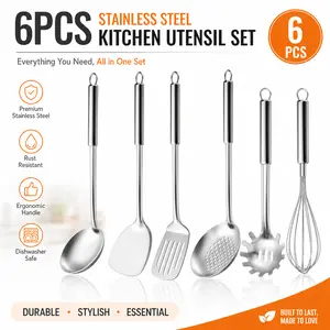 6-Piece Stainless Steel Kitchen Utensils Set – Suspendable Handle, Includes Spatula, Slotted Turner, Soup Ladle, Slotted Spoon, Whisk, Pasta Server – Dishwasher Safe, Essential Cookware