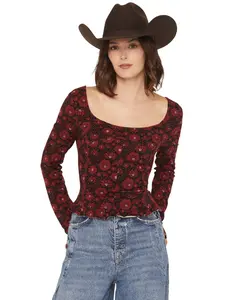 Rock & Roll Denim Women's And Floral Print Long Sleeve Top - Bw52t06974