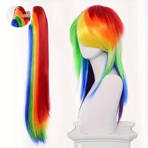 Funky Rainbow Color Straight Wig for Men, Spandex Material, Heat Resistant, Hand Washable, 150% Density, Cosplay and Party Cosplay Wig