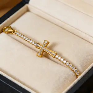 18K Gold Plated Cross Tennis Bracelet | Rhinestone Inlay | Tarnish-Free Adjustable Bangle | Everyday & Special Occasion Jewelry