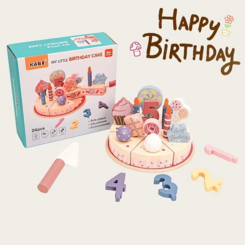 Wooden Playhouse Toy Set - Birthday Cake, Cute Joy, Design, Rich Accessories, Children's Role Playing Toys, Cultivate Creativity and Communication Skills, Perfect Holiday Gift