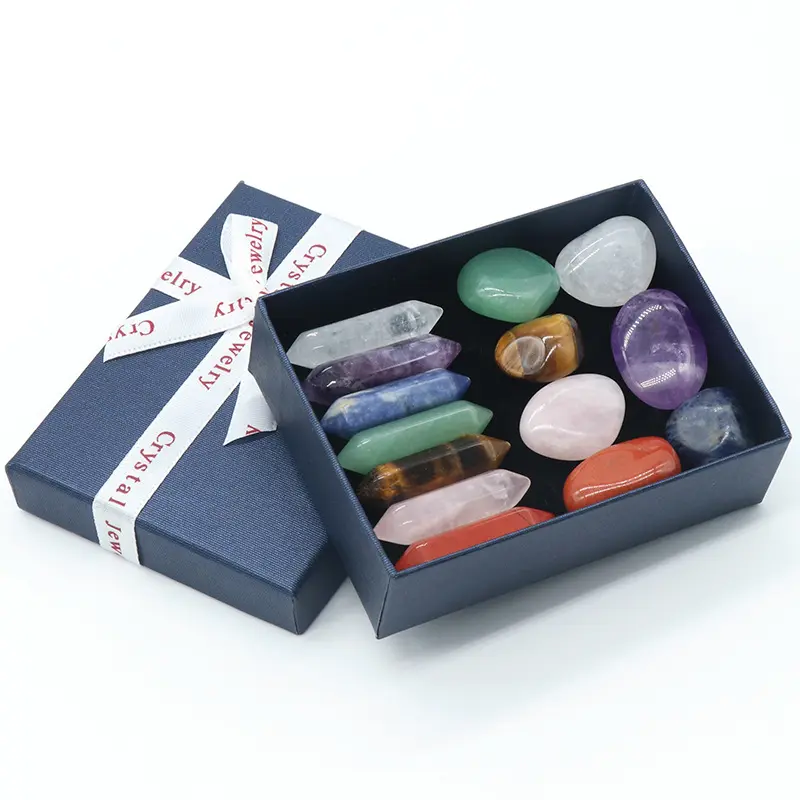 14Pcs Natural Crystal Gift Set - 7 Double-Point Hexagonal Wands, 7 Irregular Raw Stones, Chakra Healing Collection Box, Crystals