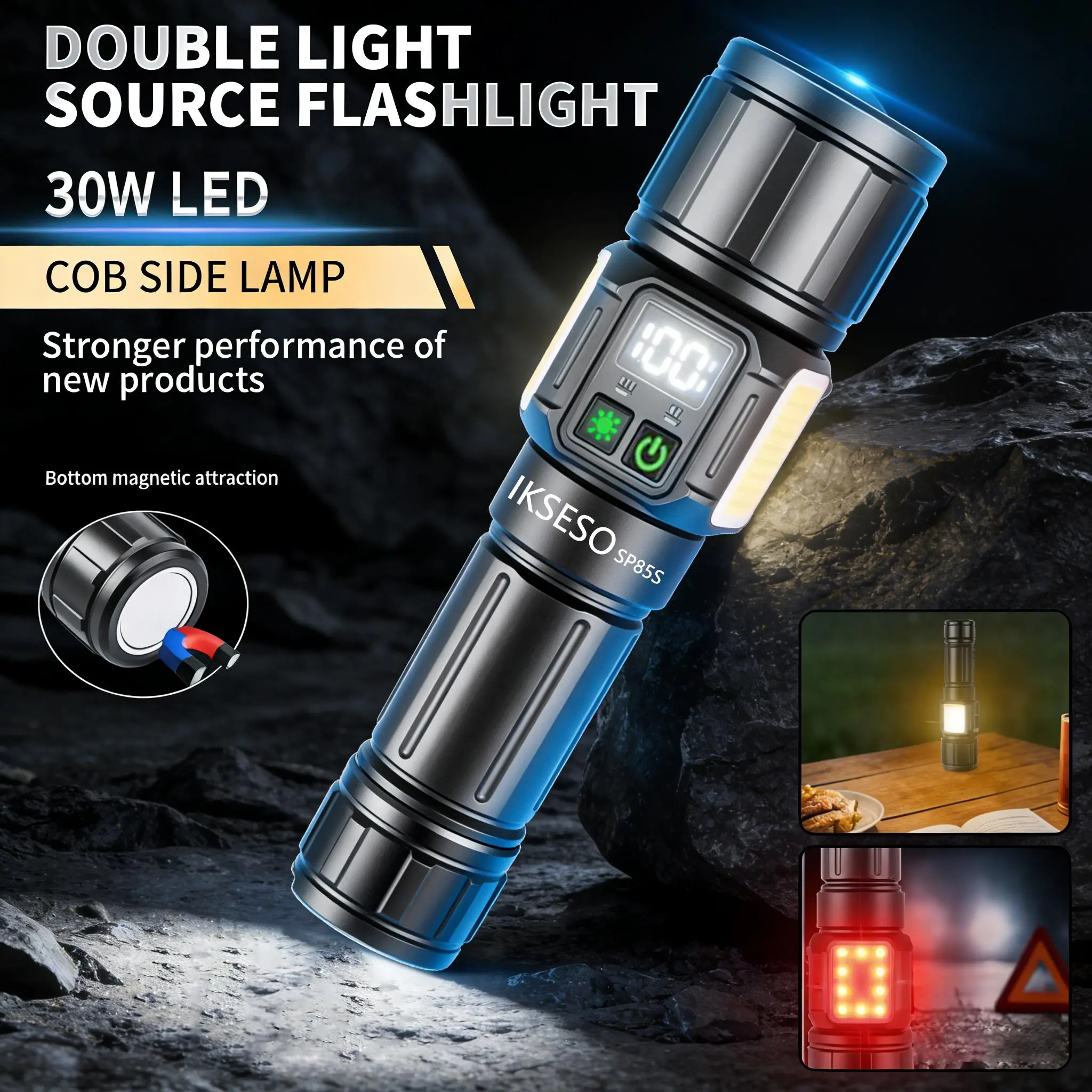 High Lumen LED Rechargeable Tactical Flashlight, with 9Lighting Modes & COB Side Light Zoomable Long Battery Digital Display Large Powerful Waterproof Long Range Durable Flashlight ,for Outdoor Camping Emergency Survival,High Lumens LED Flashlight
