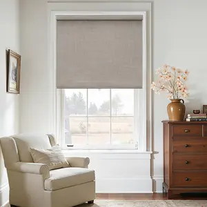 Cordless Blackout Roller Shades for Windows Free-Stop Thermal Insulated 100% Black Out Linen Blinds with Valance for Bedroom Living Dining Room Home Office Taupe 34" W x 72" H