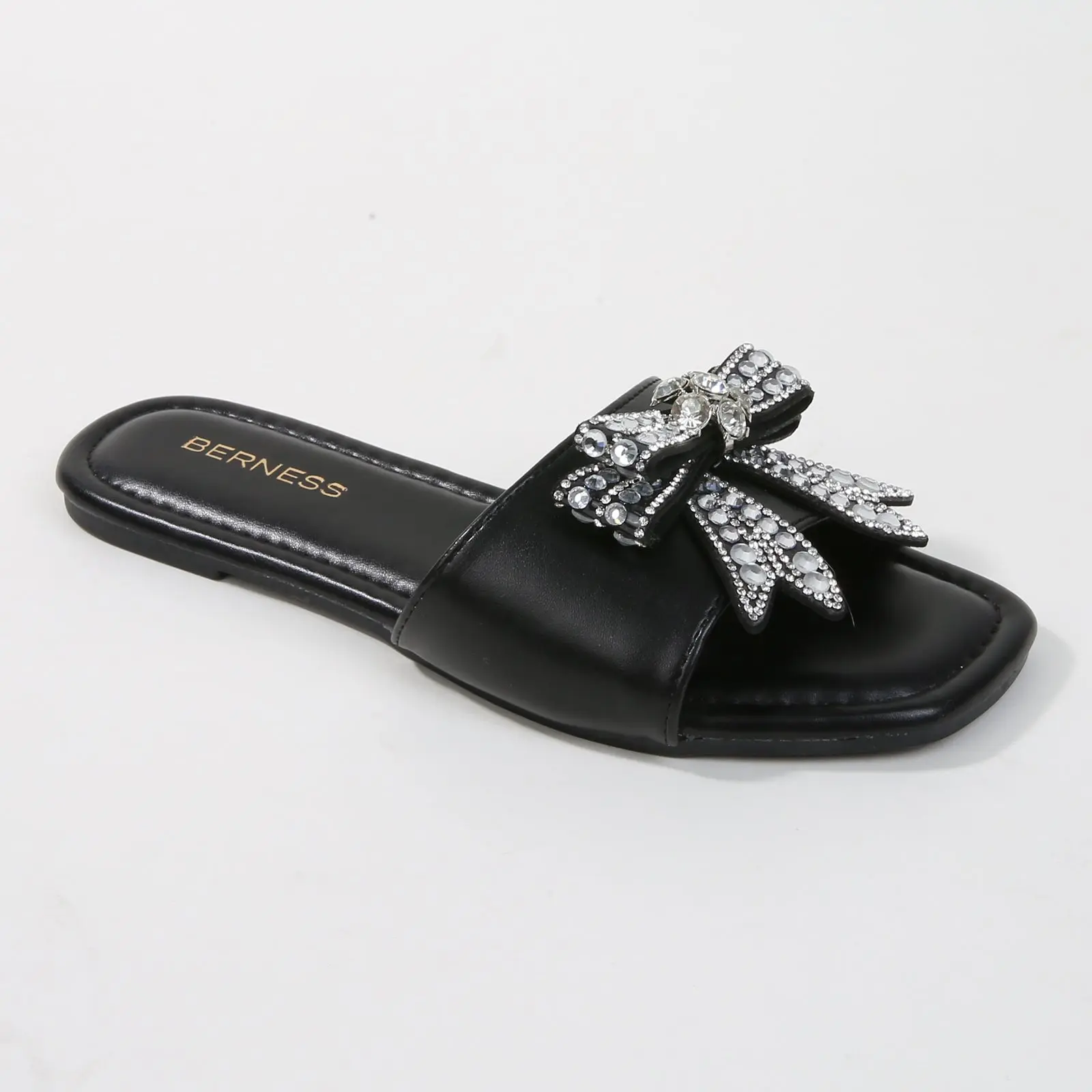 BERNESS Women's Stylish Slip-On Flat Slide Sandals with Oversized Rhinestone Bow Design, Soft Padded Insole Elegant Resort Wear Summer Footwear