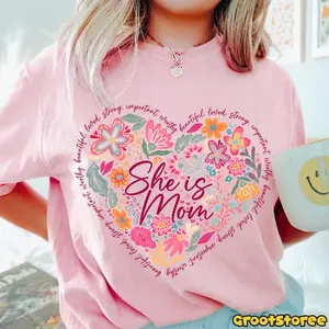 Boho Floral Mama T-shirt, She Is Mom Quote Design, Abstract Mom Adjectives Png, Mother’s Day Sublimation Shirt PNG, Digital Download