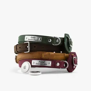 Leather AirTag Dog Collar Personalized with Pet Name (sold without AirTag) - Adjustable Tractive Dog Collar - Pet Locator - Pet Collar with Engraved Name for Dogs Up to 44 lb - Cute Pet GPS Collar Unique Style